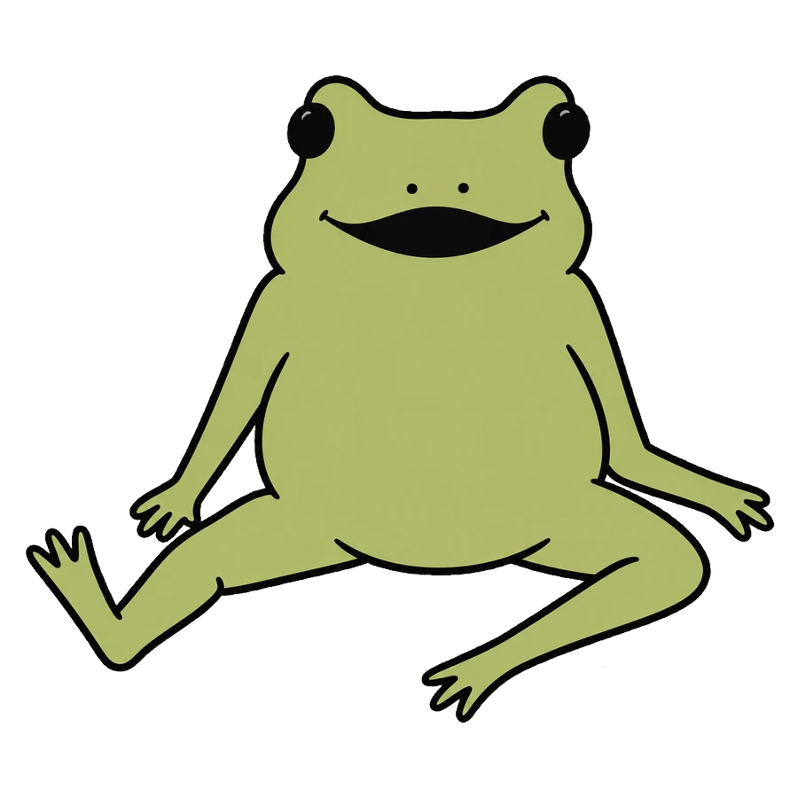 Freddie the frog, sitting with his legs out